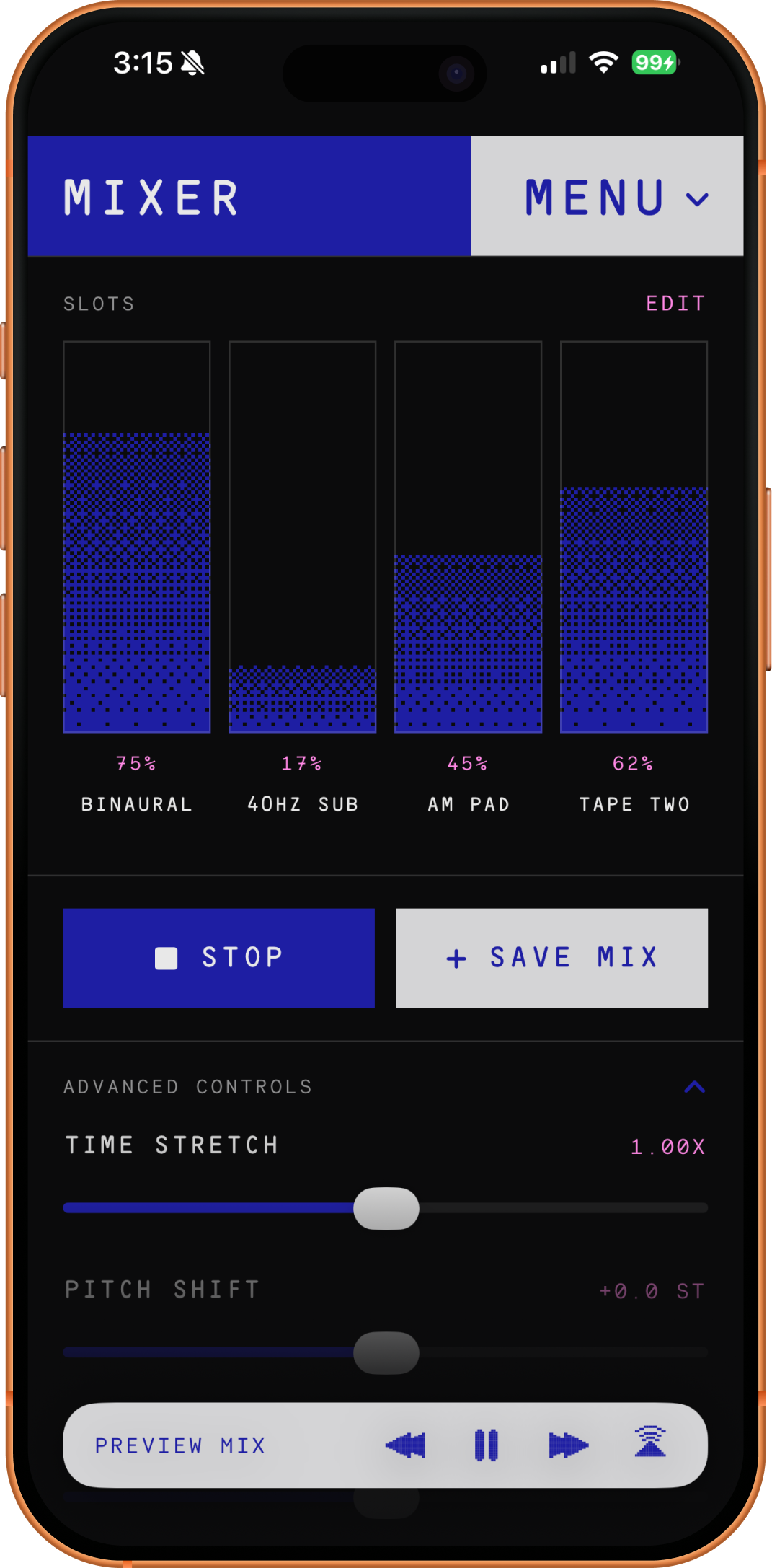 Drones ambient noise mixer screenshot showing the four-track mixer on iOS