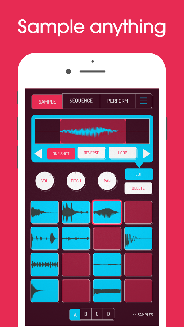 Koala Sampler screenshot showing its sampling pads and beat-making grid on iOS