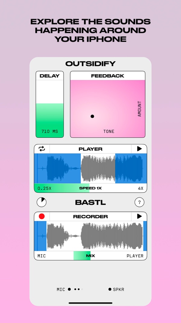 Outsidify iOS app screenshot showing its microphone-and-speaker sound exploration interface